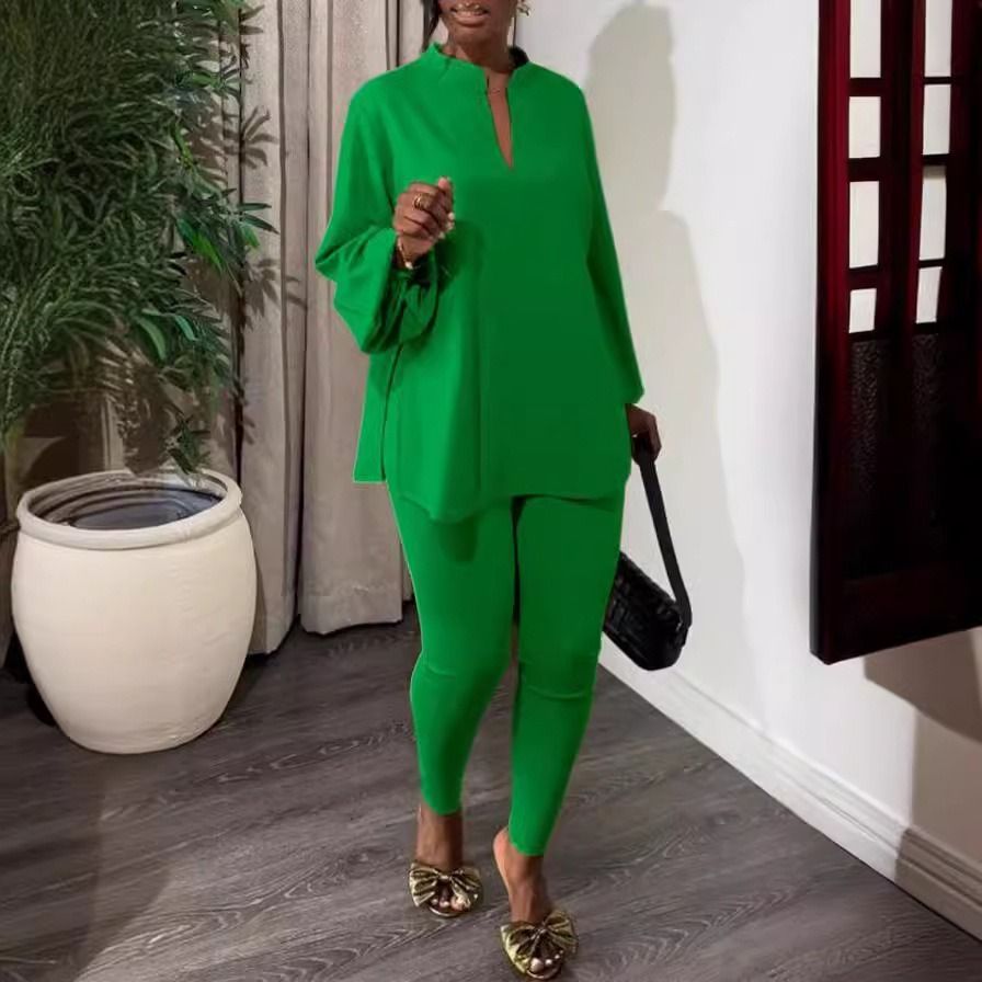 2025 Spring/Summer African European American Knit Suit Pants New Style Slits V-neck Tops Tight Pants Fashionable elegant Two-Piece set Elastic Technology Trendy Slit Design Comfortable Casual Style