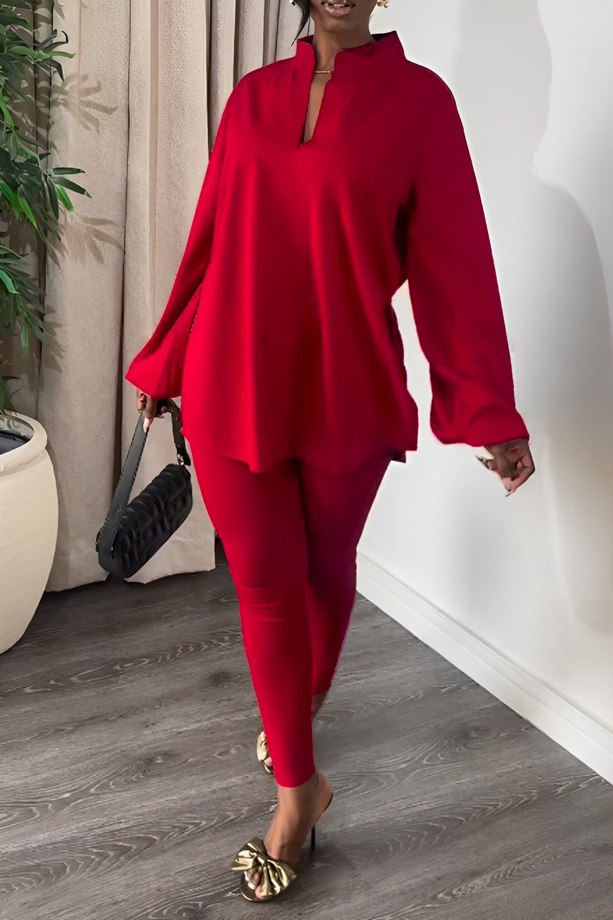 2025 Spring/Summer African European American Knit Suit Pants New Style Slits V-neck Tops Tight Pants Fashionable elegant Two-Piece set Elastic Technology Trendy Slit Design Comfortable Casual Style