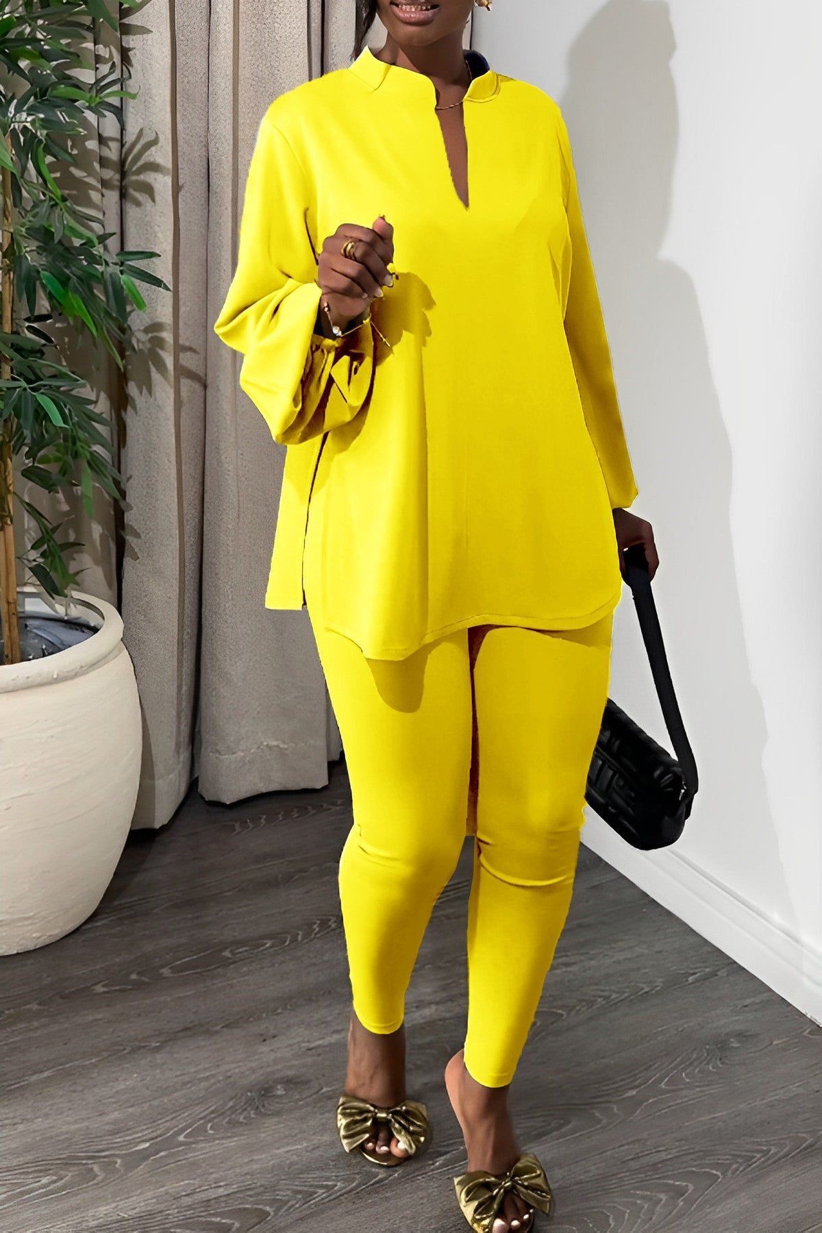 2025 Spring/Summer African European American Knit Suit Pants New Style Slits V-neck Tops Tight Pants Fashionable elegant Two-Piece set Elastic Technology Trendy Slit Design Comfortable Casual Style