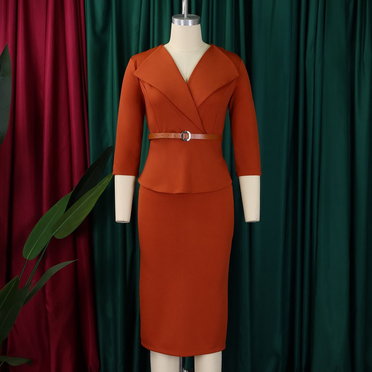 Africa Europe America 2025 Spring & Autumn Fashion High Collar A-line Suitable Office Wear Elegant Hourglass Figure Pencil Skirt Dress Solid Color Pattern Elegant Style