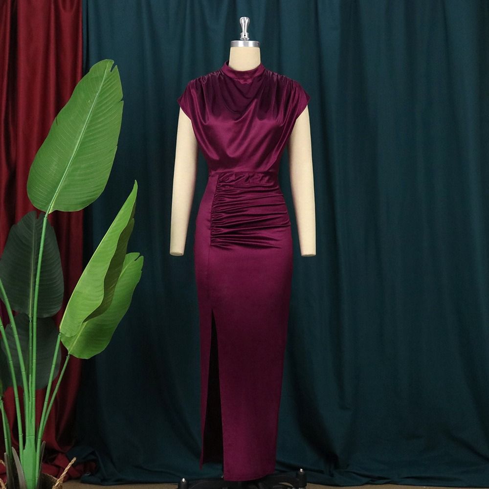 2025 African European New Style Long Dress Solid Color Formal High-waisted Dress Elegant Red Fabric Featuring Pleated Design Solid Pattern Patchwork Technique Elegant Style