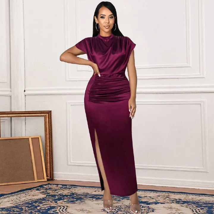 2025 African European New Style Long Dress Solid Color Formal High-waisted Dress Elegant Red Fabric Featuring Pleated Design Solid Pattern Patchwork Technique Elegant Style