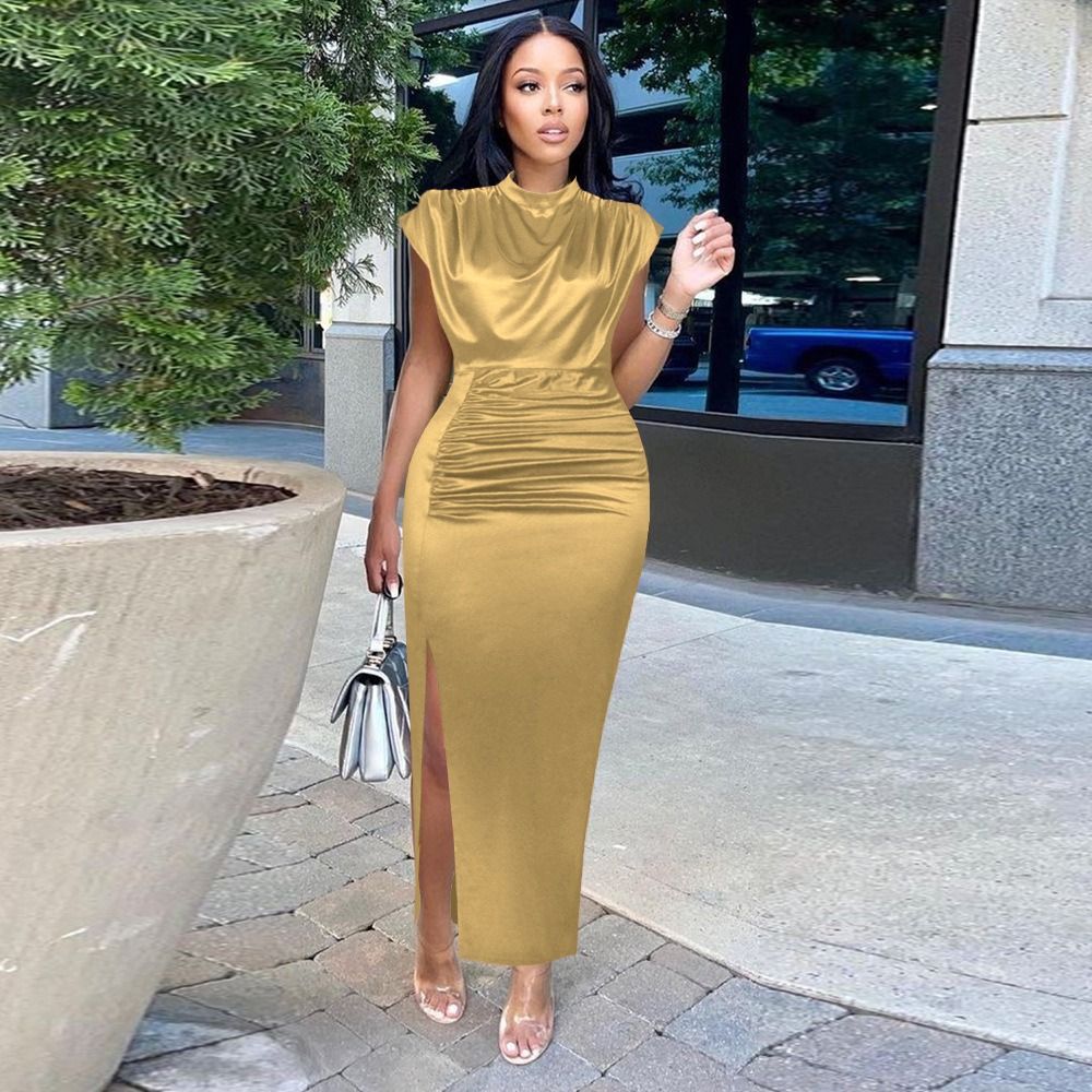 2025 African European New Style Long Dress Solid Color Formal High-waisted Dress Elegant Red Fabric Featuring Pleated Design Solid Pattern Patchwork Technique Elegant Style