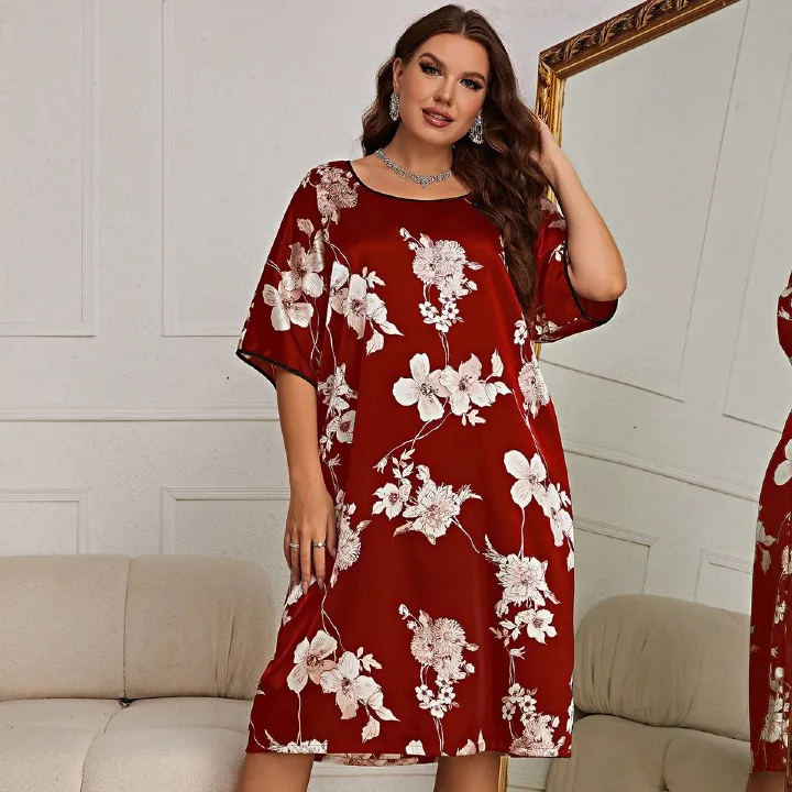 Africa Europe America 2025 Large Size Pajama Women Mid-length Printed Pullover Dress Summer New Home Wear Silk Ice-silk Pajamas Casual Breastfeeding Breathable Cool Comfortable Sleeping Simple Style