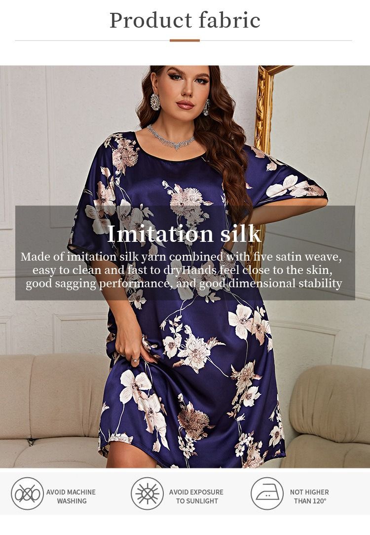 Africa Europe America 2025 Large Size Pajama Women Mid-length Printed Pullover Dress Summer New Home Wear Silk Ice-silk Pajamas Casual Breastfeeding Breathable Cool Comfortable Sleeping Simple Style