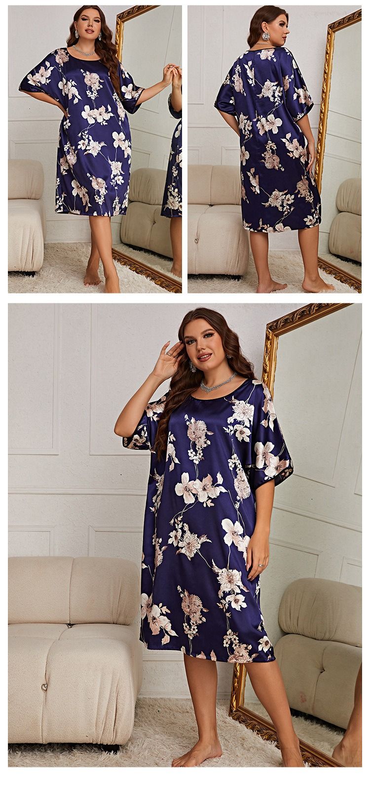 Africa Europe America 2025 Large Size Pajama Women Mid-length Printed Pullover Dress Summer New Home Wear Silk Ice-silk Pajamas Casual Breastfeeding Breathable Cool Comfortable Sleeping Simple Style