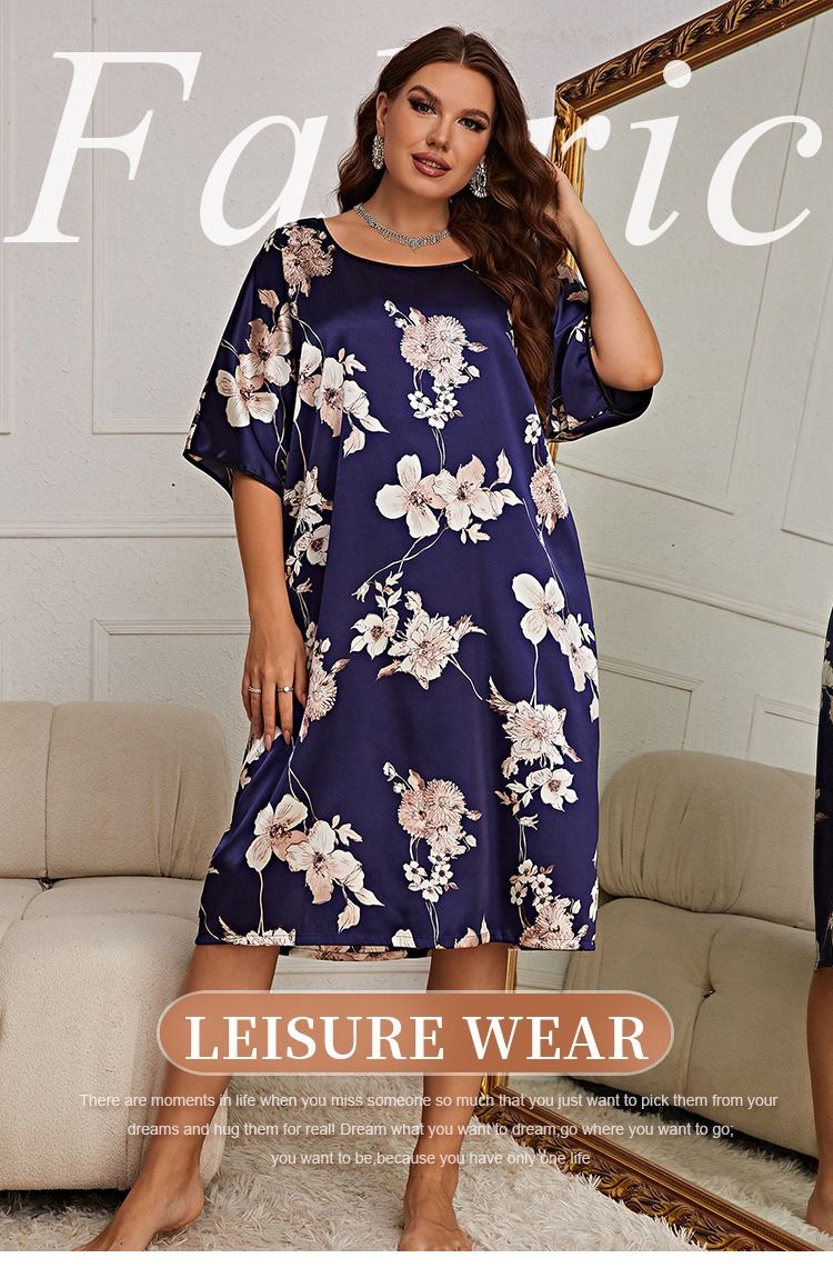 Africa Europe America 2025 Large Size Pajama Women Mid-length Printed Pullover Dress Summer New Home Wear Silk Ice-silk Pajamas Casual Breastfeeding Breathable Cool Comfortable Sleeping Simple Style