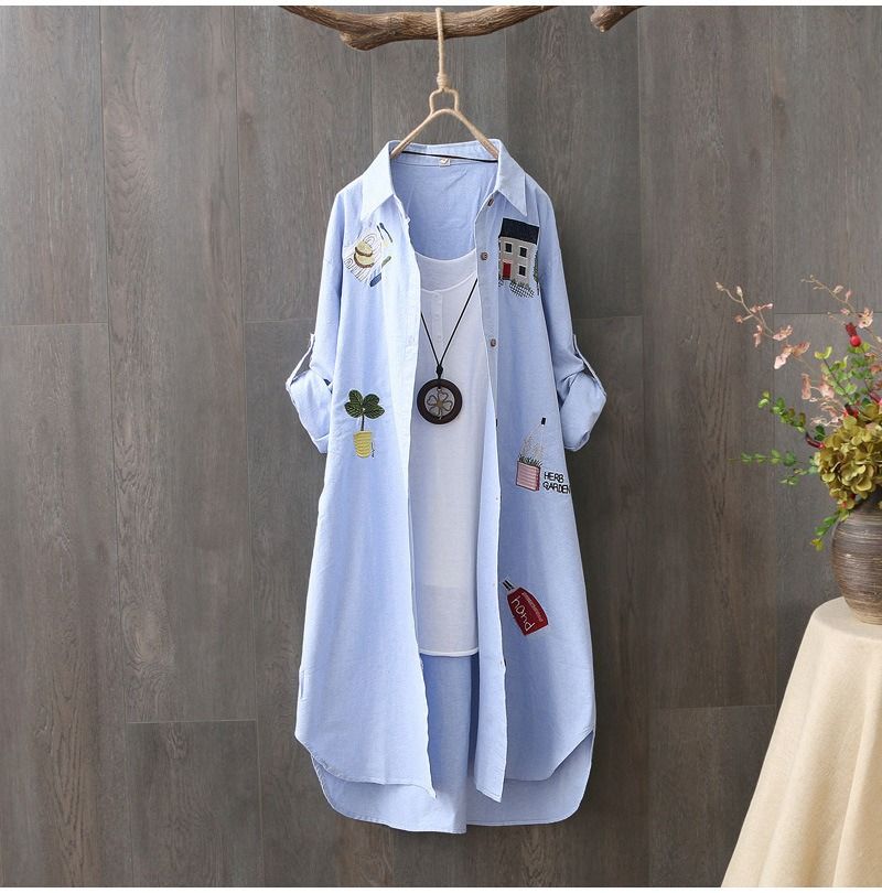 2025 Africa Europe America Summer Autumn New Style Artistic Embroidery Loose POLO Collar Mid-length Sun Protection Shirt Women Korean Version Cotton Breathable Versatile Casual Shirt Fresh Sweet Style