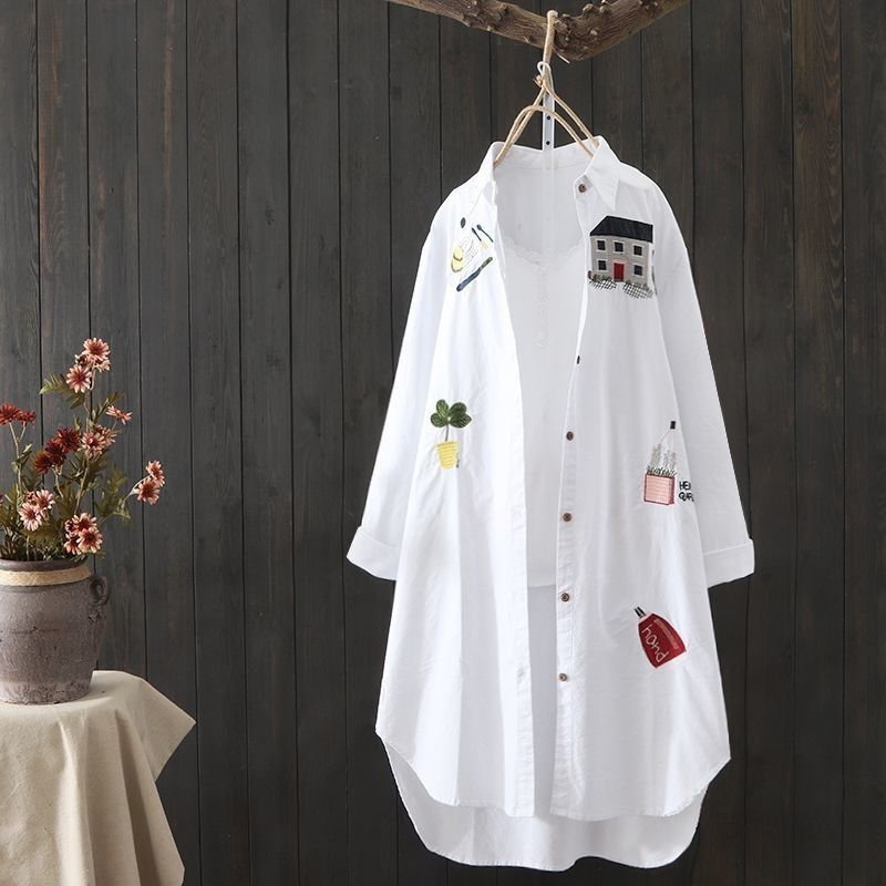 2025 Africa Europe America Summer Autumn New Style Artistic Embroidery Loose POLO Collar Mid-length Sun Protection Shirt Women Korean Version Cotton Breathable Versatile Casual Shirt Fresh Sweet Style