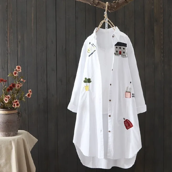2025 Africa Europe America Summer Autumn New Style Artistic Embroidery Loose POLO Collar Mid-length Sun Protection Shirt Women Korean Version Cotton Breathable Versatile Casual Shirt Fresh Sweet Style