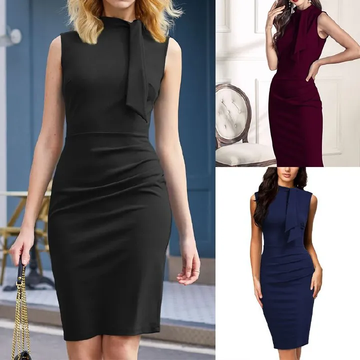 2025 African European Summer Best-selling Women's Casual Dress Sleeveless Design Full-skirted Office-style Pencil Dress One Step Dress Fashion Comfortable Creased Finishing Technique Elegant Style.