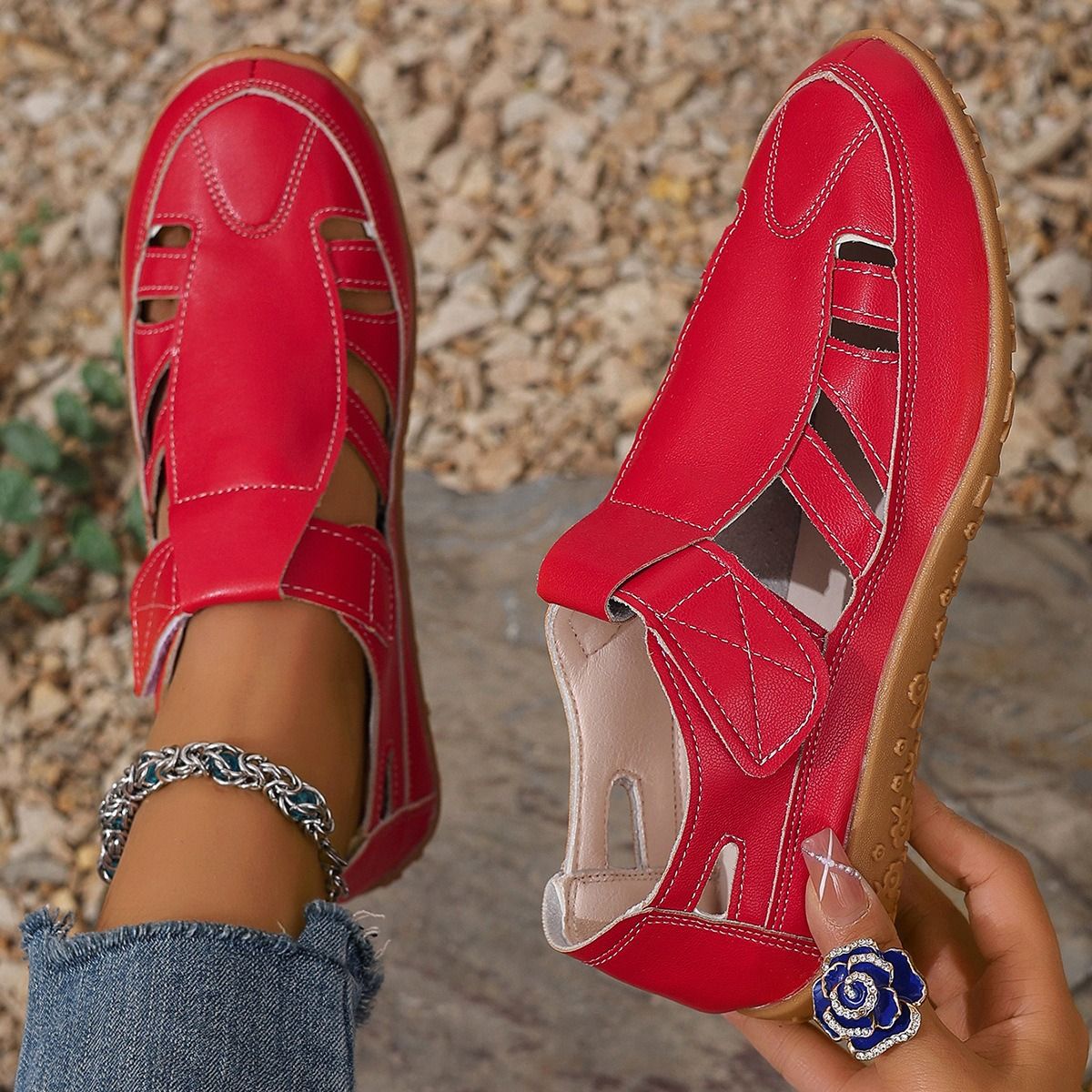 2025 Africa Europe America New Style Mid-Heel Large Size Women's Summer New Magic Fastener Casual Shoes Comfortable Soft Bottom Low Top Mom's Flat Sports Sandals Casual Style