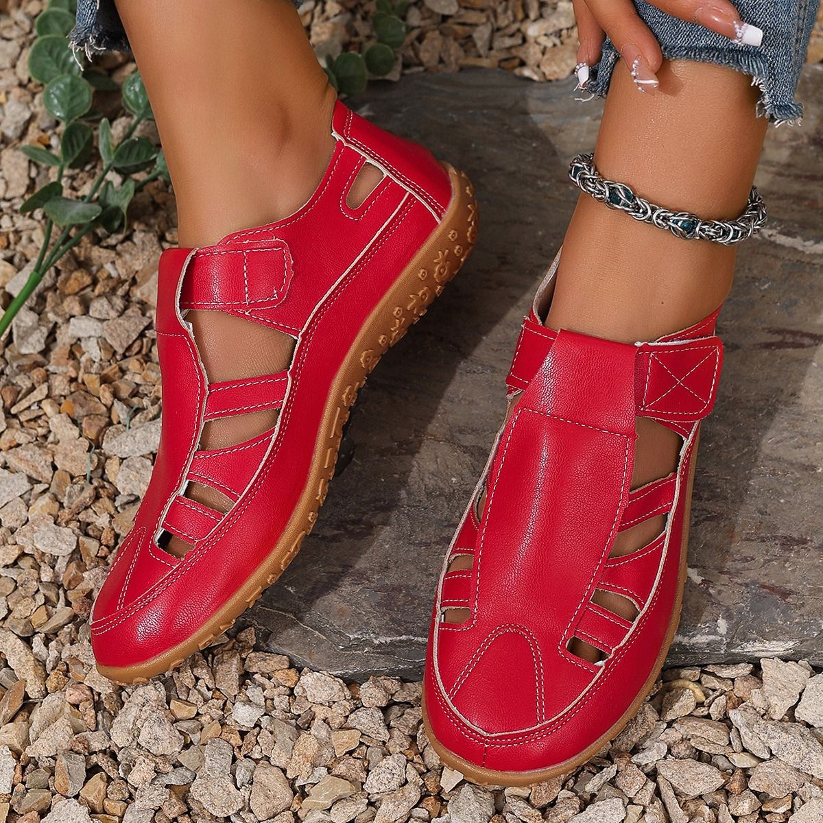 2025 Africa Europe America New Style Mid-Heel Large Size Women's Summer New Magic Fastener Casual Shoes Comfortable Soft Bottom Low Top Mom's Flat Sports Sandals Casual Style