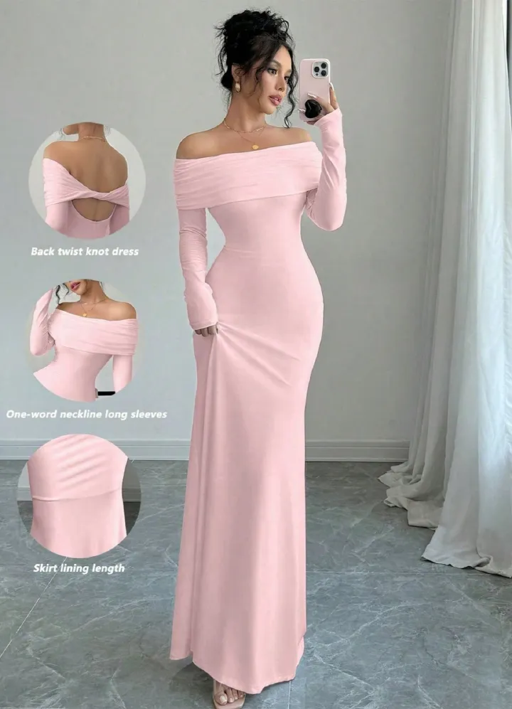 2025 African European Spring Autumn Women's Single-shoulder Pleated Tight-fitting Fashionable Elegant Full-skirted Long Evening Dress Plain Color Pattern Non-stretching Treatment Process.