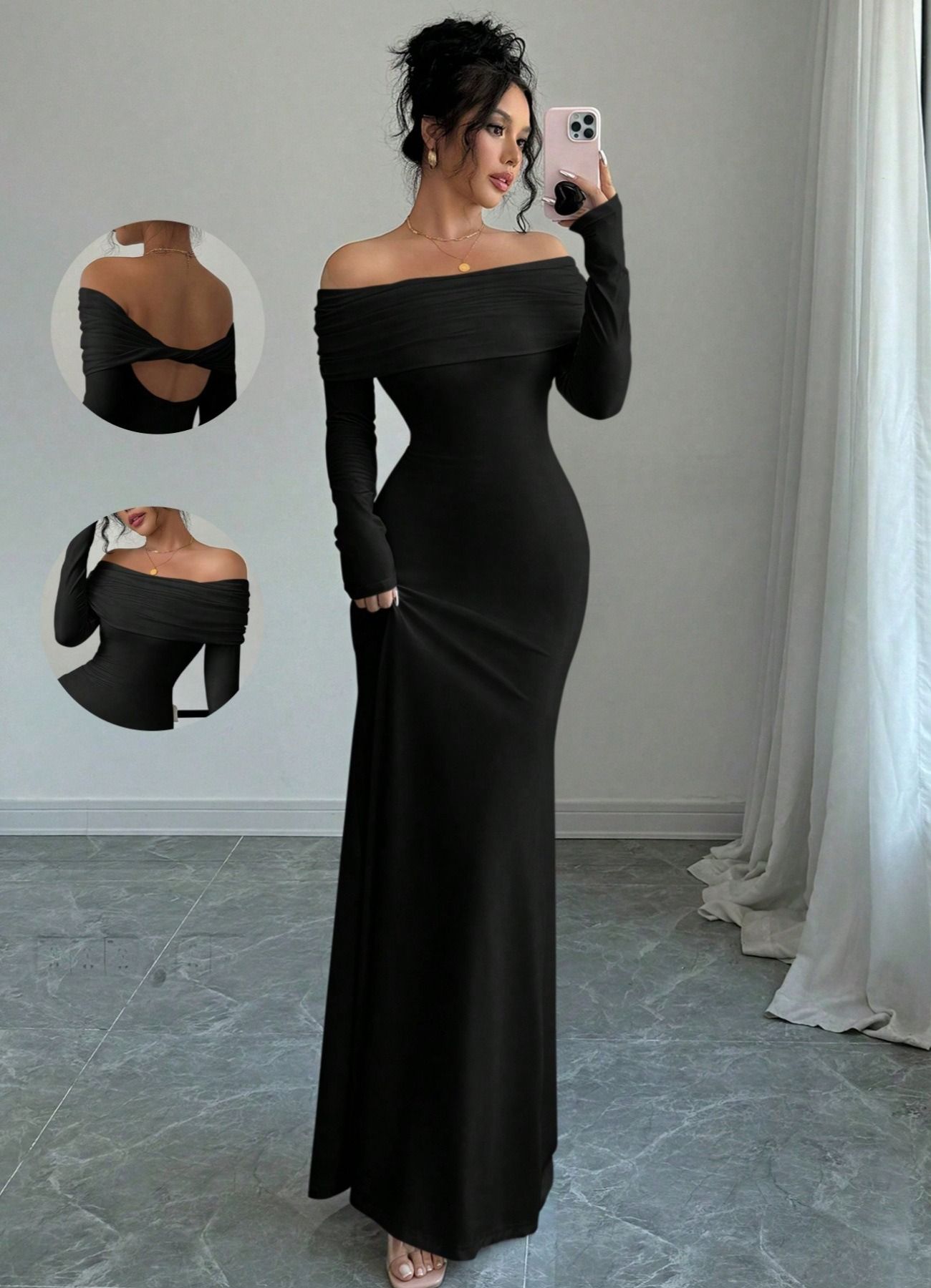 2025 African European Spring Autumn Women's Single-shoulder Pleated Tight-fitting Fashionable Elegant Full-skirted Long Evening Dress Plain Color Pattern Non-stretching Treatment Process.