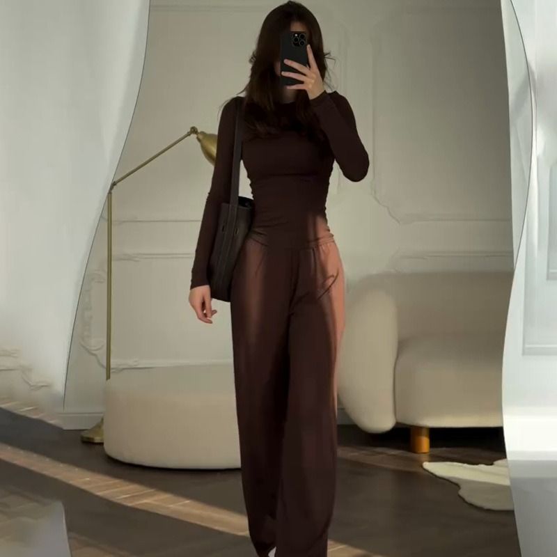 2025 Summer New Style African European American Women's Round-neck Solid-color Shirt + Wide-leg Pants Business Casual Set Soft Comfortable Casual Fashionable, Elegant Business Style：