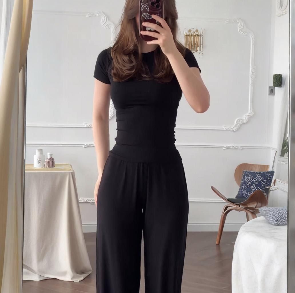 2025 Summer New Style African European American Women's Round-neck Solid-color Shirt + Wide-leg Pants Business Casual Set Soft Comfortable Casual Fashionable, Elegant Business Style：