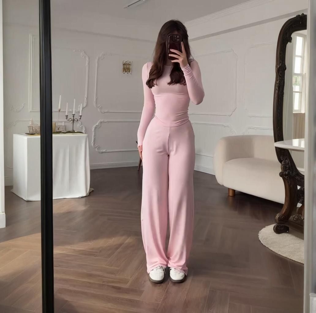 2025 Summer New Style African European American Women's Round-neck Solid-color Shirt + Wide-leg Pants Business Casual Set Soft Comfortable Casual Fashionable, Elegant Business Style：