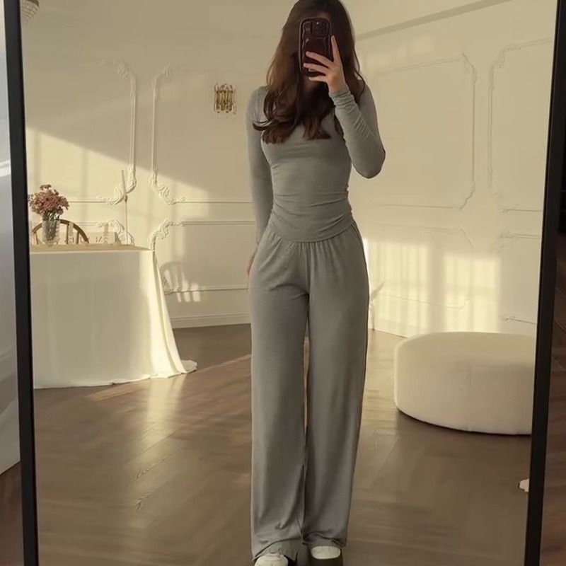 2025 Summer New Style African European American Women's Round-neck Solid-color Shirt + Wide-leg Pants Business Casual Set Soft Comfortable Casual Fashionable, Elegant Business Style：