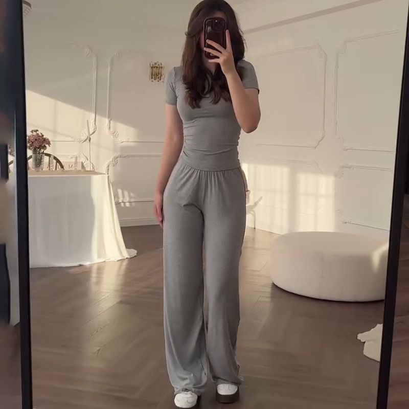 2025 Summer New Style African European American Women's Round-neck Solid-color Shirt + Wide-leg Pants Business Casual Set Soft Comfortable Casual Fashionable, Elegant Business Style：