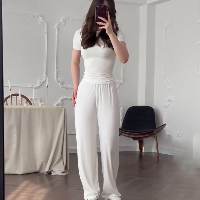 2025 Summer New Style African European American Women's Round-neck Solid-color Shirt + Wide-leg Pants Business Casual Set Soft Comfortable Casual Fashionable, Elegant Business Style：