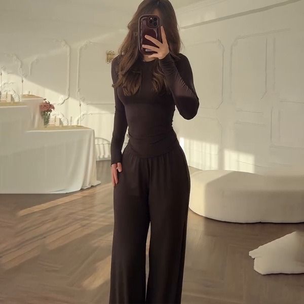 2025 Summer New Style African European American Women's Round-neck Solid-color Shirt + Wide-leg Pants Business Casual Set Soft Comfortable Casual Fashionable, Elegant Business Style：