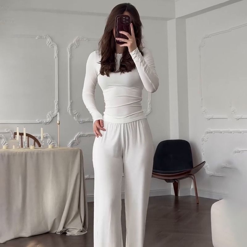 2025 Summer New Style African European American Women's Round-neck Solid-color Shirt + Wide-leg Pants Business Casual Set Soft Comfortable Casual Fashionable, Elegant Business Style：