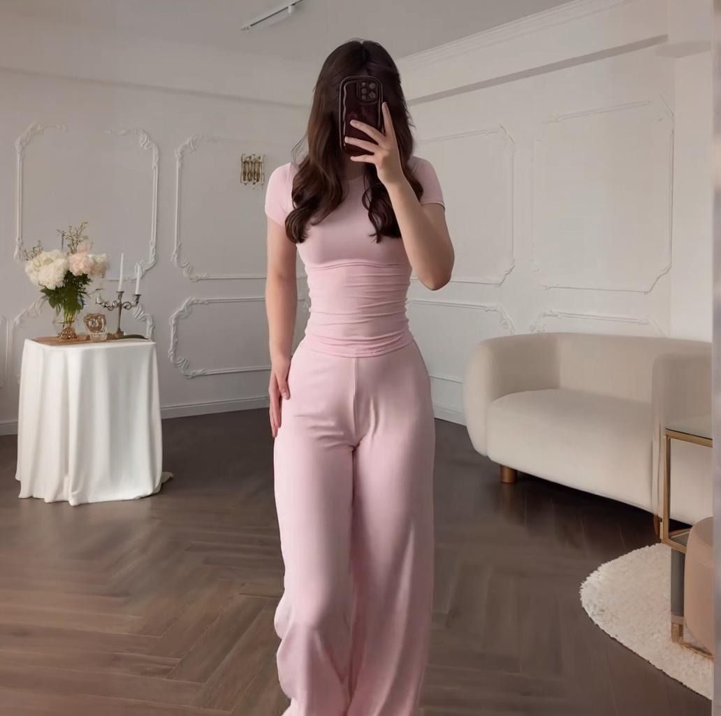 2025 Summer New Style African European American Women's Round-neck Solid-color Shirt + Wide-leg Pants Business Casual Set Soft Comfortable Casual Fashionable, Elegant Business Style：