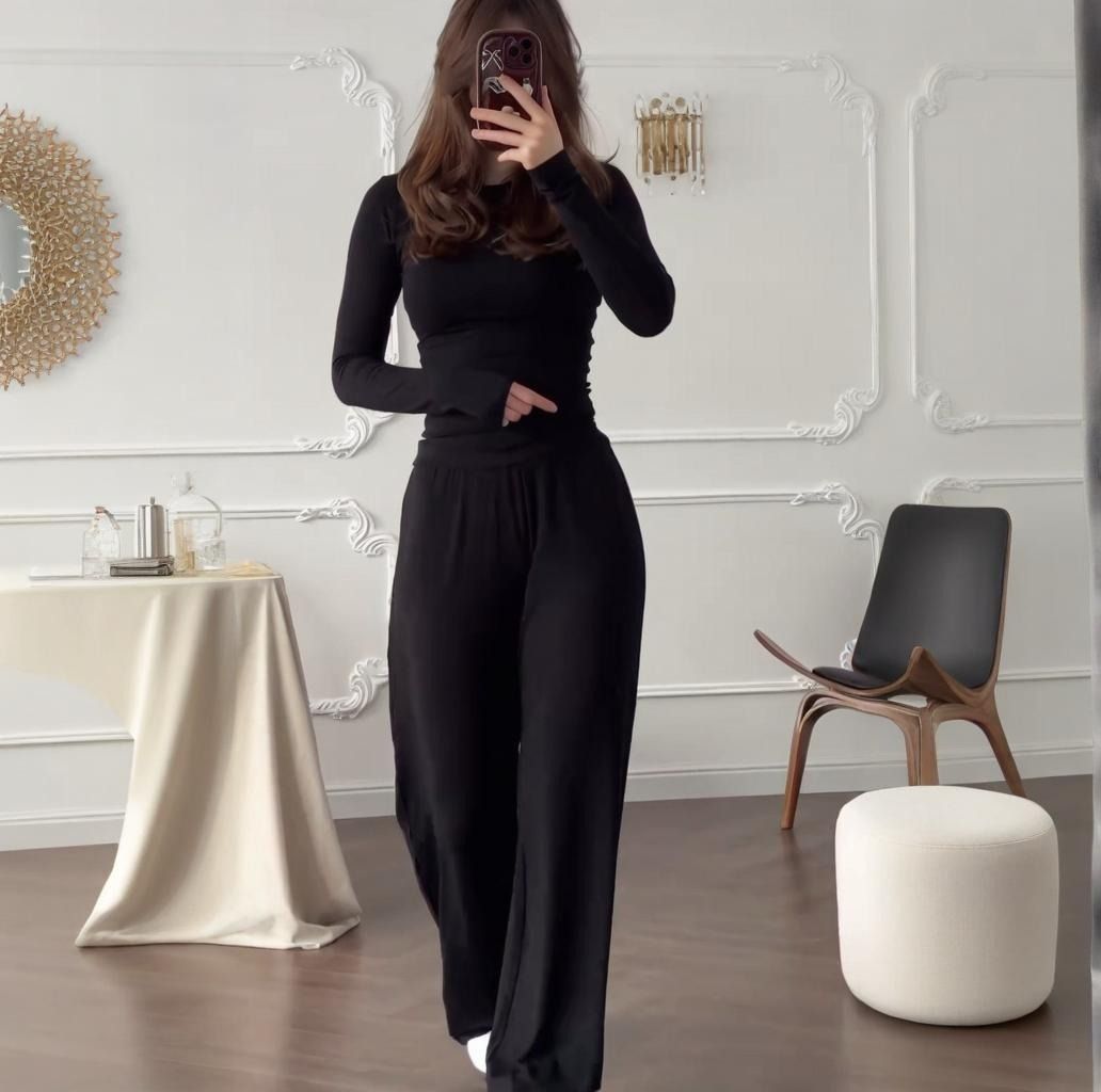2025 Summer New Style African European American Women's Round-neck Solid-color Shirt + Wide-leg Pants Business Casual Set Soft Comfortable Casual Fashionable, Elegant Business Style：