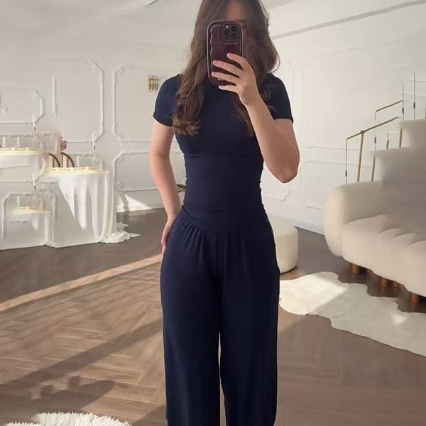 2025 Summer New Style African European American Women's Round-neck Solid-color Shirt + Wide-leg Pants Business Casual Set Soft Comfortable Casual Fashionable, Elegant Business Style：
