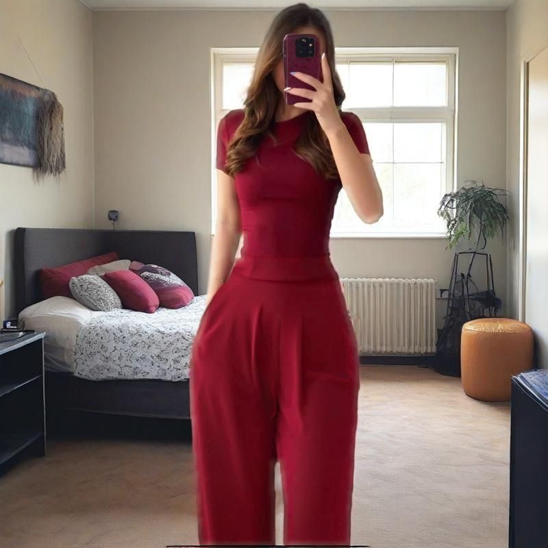 2025 Summer New Style African European American Women's Round-neck Solid-color Shirt + Wide-leg Pants Business Casual Set Soft Comfortable Casual Fashionable, Elegant Business Style：