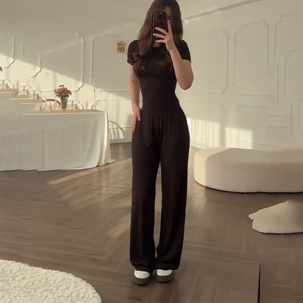2025 Summer New Style African European American Women's Round-neck Solid-color Shirt + Wide-leg Pants Business Casual Set Soft Comfortable Casual Fashionable, Elegant Business Style：