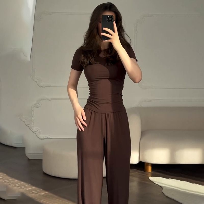 2025 Summer New Style African European American Women's Round-neck Solid-color Shirt + Wide-leg Pants Business Casual Set Soft Comfortable Casual Fashionable, Elegant Business Style：