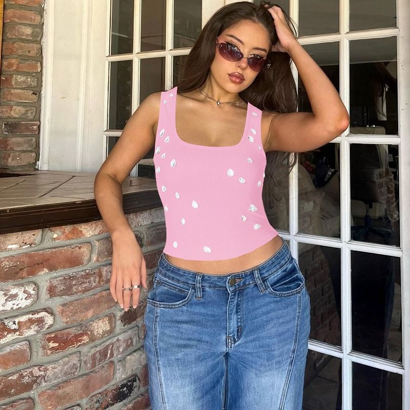 2025 Africa Summer New Fashion Sexy Form-Fitting Crop-Necked U-Necked Mini Blouse Beaded Top Double-Ring Shoulder Straps Style Form-Fitting Design Trendy Crop-Neck Element Street Style