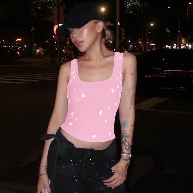 2025 Africa Summer New Fashion Sexy Form-Fitting Crop-Necked U-Necked Mini Blouse Beaded Top Double-Ring Shoulder Straps Style Form-Fitting Design Trendy Crop-Neck Element Street Style