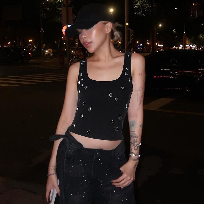 2025 Africa Summer New Fashion Sexy Form-Fitting Crop-Necked U-Necked Mini Blouse Beaded Top Double-Ring Shoulder Straps Style Form-Fitting Design Trendy Crop-Neck Element Street Style