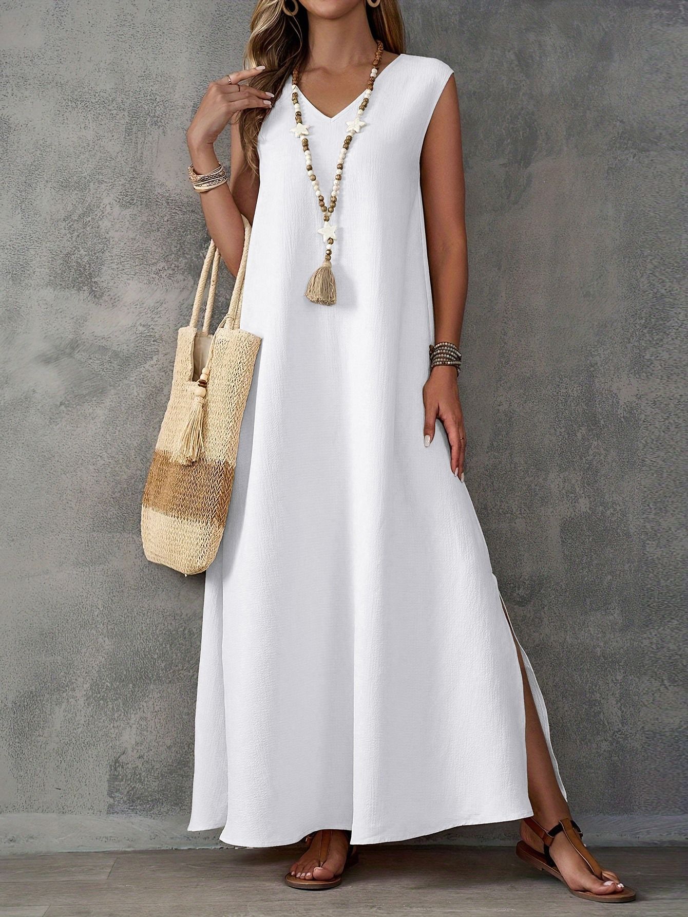 Amazon 2025 Summer African European Style Women's Dress Sleeveless V-Neck Side Slit One-Piece Skirt Elegant Long Dress Solid Color Pattern Side-opening Slit Technique Elegant Style