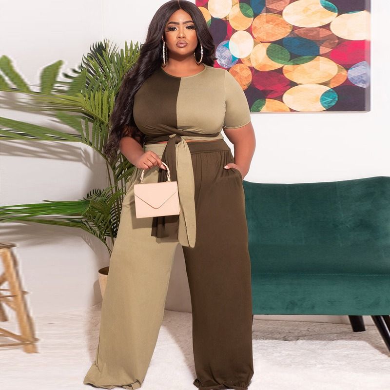 Africa Europe-2025 Autumn-Winter Patchwork Contrasting Color Knitted Fashion Casual Two-Piece Set - Large Size Women's Suit Knitting Technique Color Contrast Pockets Lacing Elements Casual Style