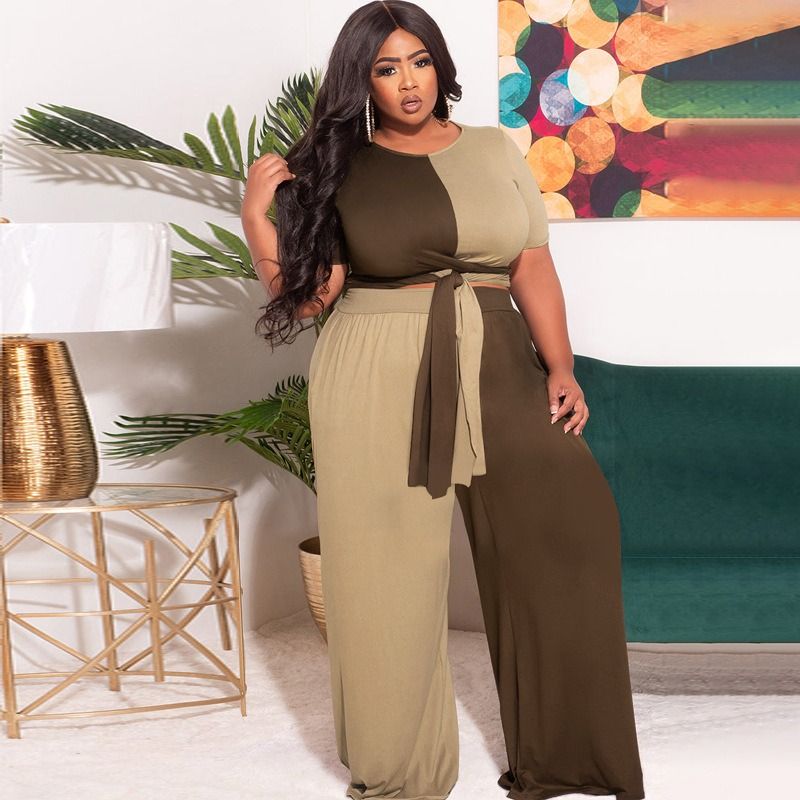 Africa Europe-2025 Autumn-Winter Patchwork Contrasting Color Knitted Fashion Casual Two-Piece Set - Large Size Women's Suit Knitting Technique Color Contrast Pockets Lacing Elements Casual Style