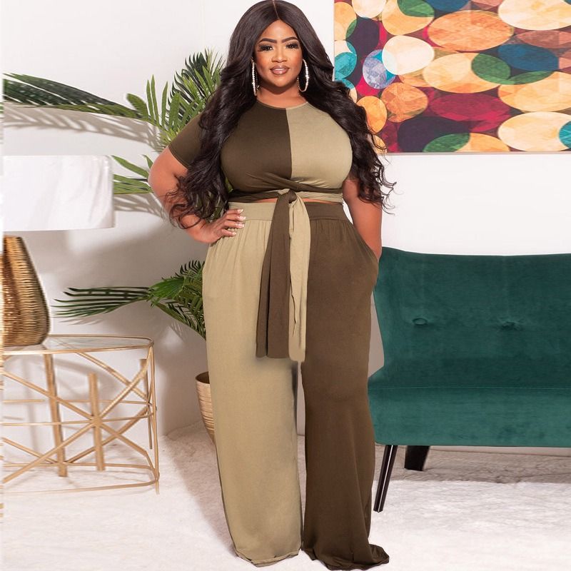 Africa Europe-2025 Autumn-Winter Patchwork Contrasting Color Knitted Fashion Casual Two-Piece Set - Large Size Women's Suit Knitting Technique Color Contrast Pockets Lacing Elements Casual Style