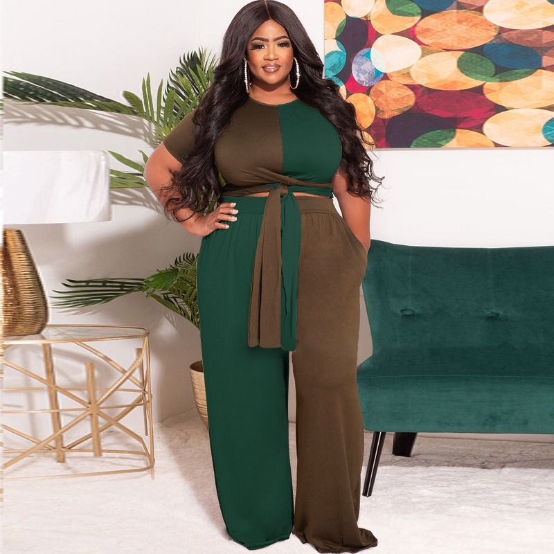 Africa Europe-2025 Autumn-Winter Patchwork Contrasting Color Knitted Fashion Casual Two-Piece Set - Large Size Women's Suit Knitting Technique Color Contrast Pockets Lacing Elements Casual Style