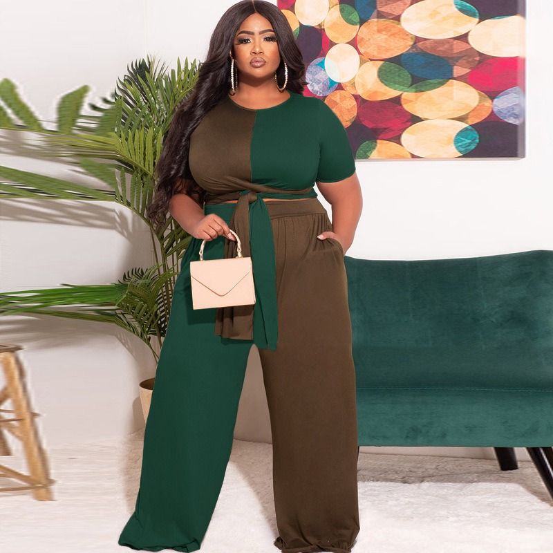 Africa Europe-2025 Autumn-Winter Patchwork Contrasting Color Knitted Fashion Casual Two-Piece Set - Large Size Women's Suit Knitting Technique Color Contrast Pockets Lacing Elements Casual Style