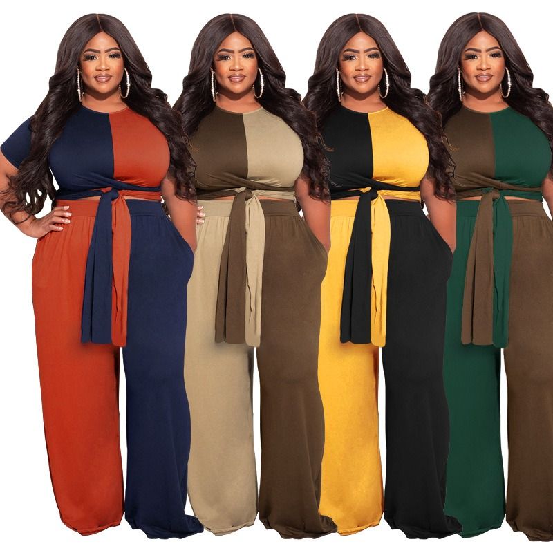 Africa Europe-2025 Autumn-Winter Patchwork Contrasting Color Knitted Fashion Casual Two-Piece Set - Large Size Women's Suit Knitting Technique Color Contrast Pockets Lacing Elements Casual Style