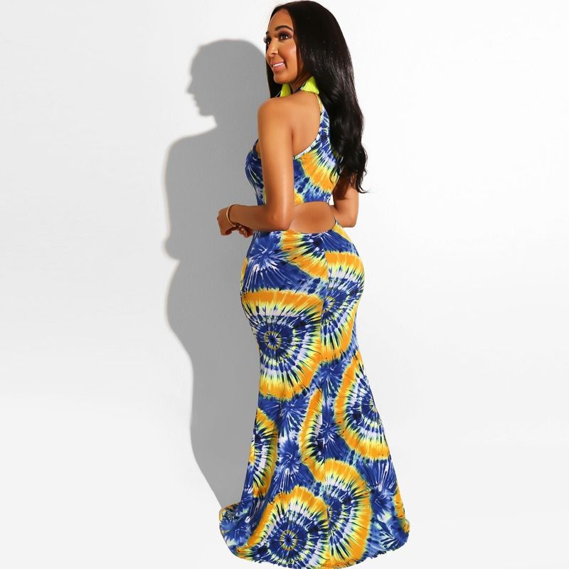 Africa Europe America Amazon - 2025 Summer/Autumn Fashion Women's Dress Tie-Dye Print Openwork Sexy Long Dress Seven-quarter Sleeves Halter Tie-Dye Technique Print Pattern POLO Collar Elegant Style