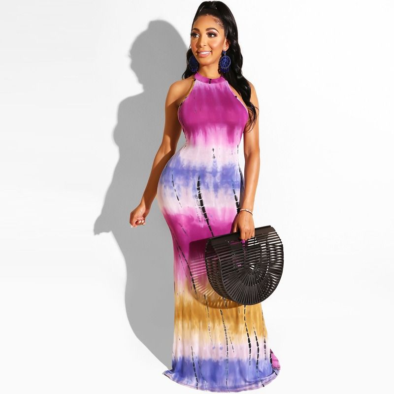 Africa Europe America Amazon - 2025 Summer/Autumn Fashion Women's Dress Tie-Dye Print Openwork Sexy Long Dress Seven-quarter Sleeves Halter Tie-Dye Technique Print Pattern POLO Collar Elegant Style