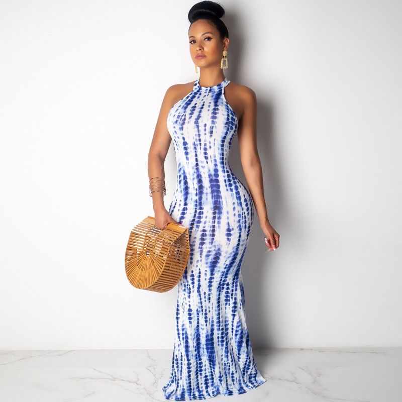 Africa Europe America Amazon - 2025 Summer/Autumn Fashion Women's Dress Tie-Dye Print Openwork Sexy Long Dress Seven-quarter Sleeves Halter Tie-Dye Technique Print Pattern POLO Collar Elegant Style