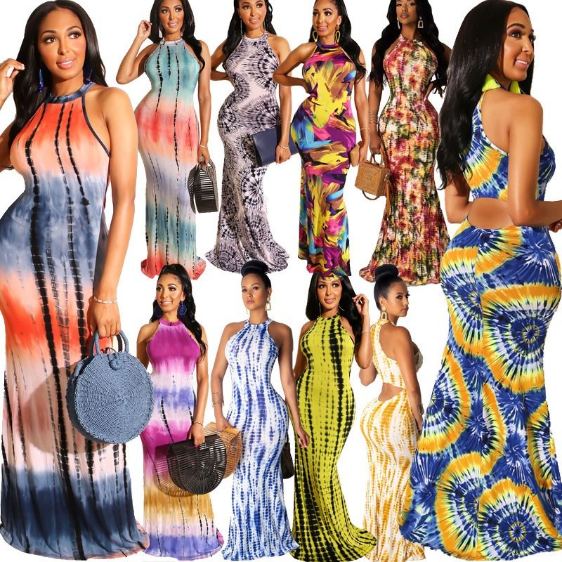 Africa Europe America Amazon - 2025 Summer/Autumn Fashion Women's Dress Tie-Dye Print Openwork Sexy Long Dress Seven-quarter Sleeves Halter Tie-Dye Technique Print Pattern POLO Collar Elegant Style