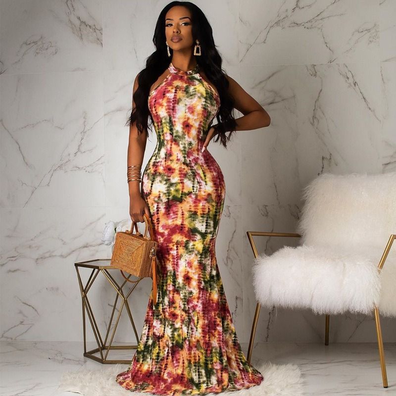 Africa Europe America Amazon - 2025 Summer/Autumn Fashion Women's Dress Tie-Dye Print Openwork Sexy Long Dress Seven-quarter Sleeves Halter Tie-Dye Technique Print Pattern POLO Collar Elegant Style