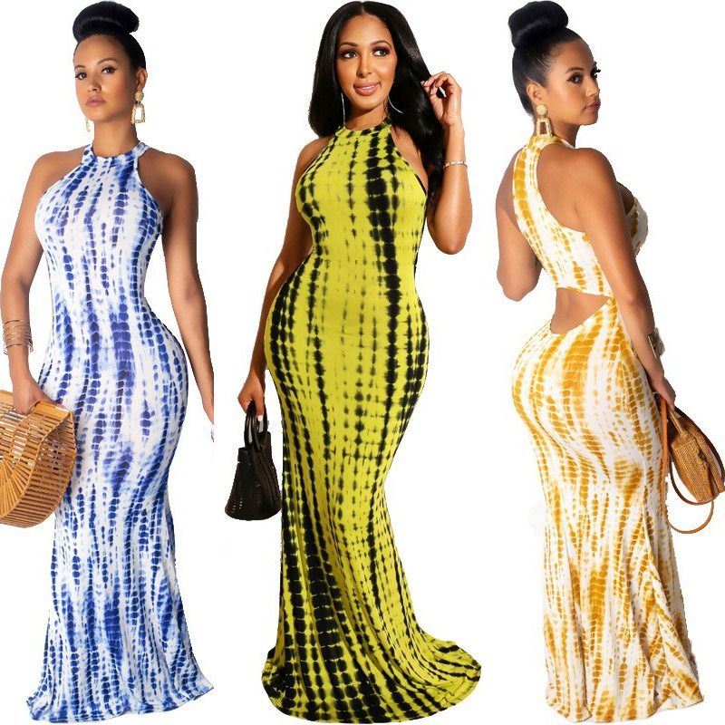 Africa Europe America Amazon - 2025 Summer/Autumn Fashion Women's Dress Tie-Dye Print Openwork Sexy Long Dress Seven-quarter Sleeves Halter Tie-Dye Technique Print Pattern POLO Collar Elegant Style
