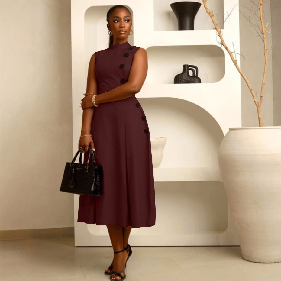 African European American 2025 Spring-Autumn S10993 Elegant Style A-line Neckline Sleeveless Button Decorated Dress Solid Color Pattern Mid-waist Semi-V-neck Fashionable Daily Wear Style